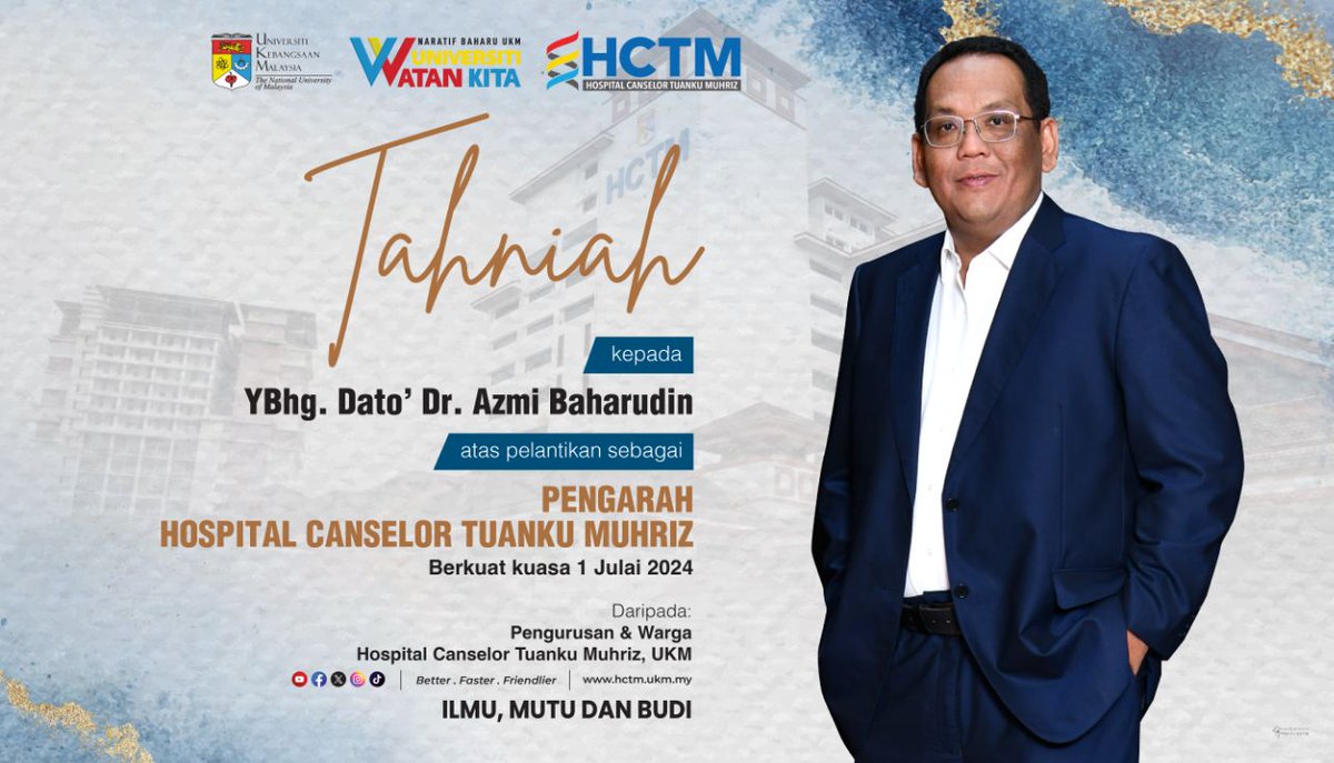 hctm_ukm's tweet photo. Tahniah diucapkan kepada YBhg. Dato’ Dr. Azmi Baharuddin atas pelantikan sebagai Pengarah HCTM berkuat kuasa 1 Julai 2024. Semoga YBhg. Dato' akan meneruskan kecemerlangan HCTM di masa hadapan.
Daripada Pengurusan dan Warga HCTM.
#HCTM #UKM #BetterFasterFriendlier https://t.co/cKBVt4iDx8