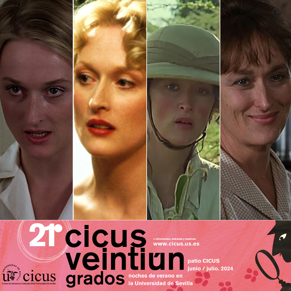 CICUS_'s tweet image. 🔊 ATENCIÓN 🔊 Ya están disponibles las  🎟️ entradas (gratuitas) para el ciclo que dedicamos la próxima semana en #CICUS @unisevilla a la actriz estadounidense Meryl Streep. 

🔗 cicus.us.es/memoriasdemery…

📽️ 🌚 Noches a #21Grados en nuestro patio