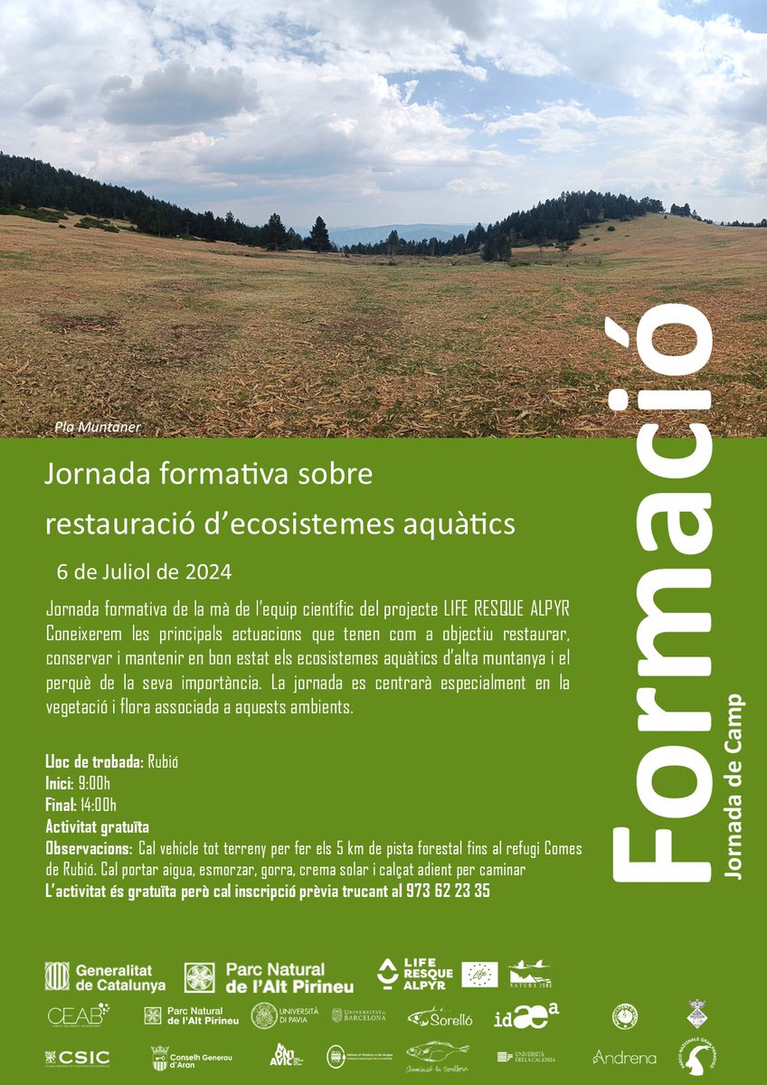 ceabcsic's tweet photo. Us proposem una activitat 🔝 per dissabte! 

👉 Sortida per conèixer les accions de conservació del projecte #LIFERESQUEALPYR que tenen com a objectiu recuperar la flora i la fauna de les molleres d’alta muntanya 💧🌾🦗

📆 6 de juliol, 9:00h a 14:0h
📍Rubió

Us hi esperem!👇 https://t.co/i7OIx58X8M