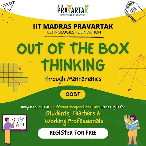 iitmadras's tweet image. As per @IndiaToday, @IITMPravartak, @iitmadras launches #freeonlinecourse &apos;Out Of The Box Thinking&apos; aimed to enhance creative problem-solving skills through #mathematics for #students &amp;amp; #workingprofessionals.

Classes begin on August 10 2024.

To Register: iitmpravartak.org.in/out-of-box-thi…