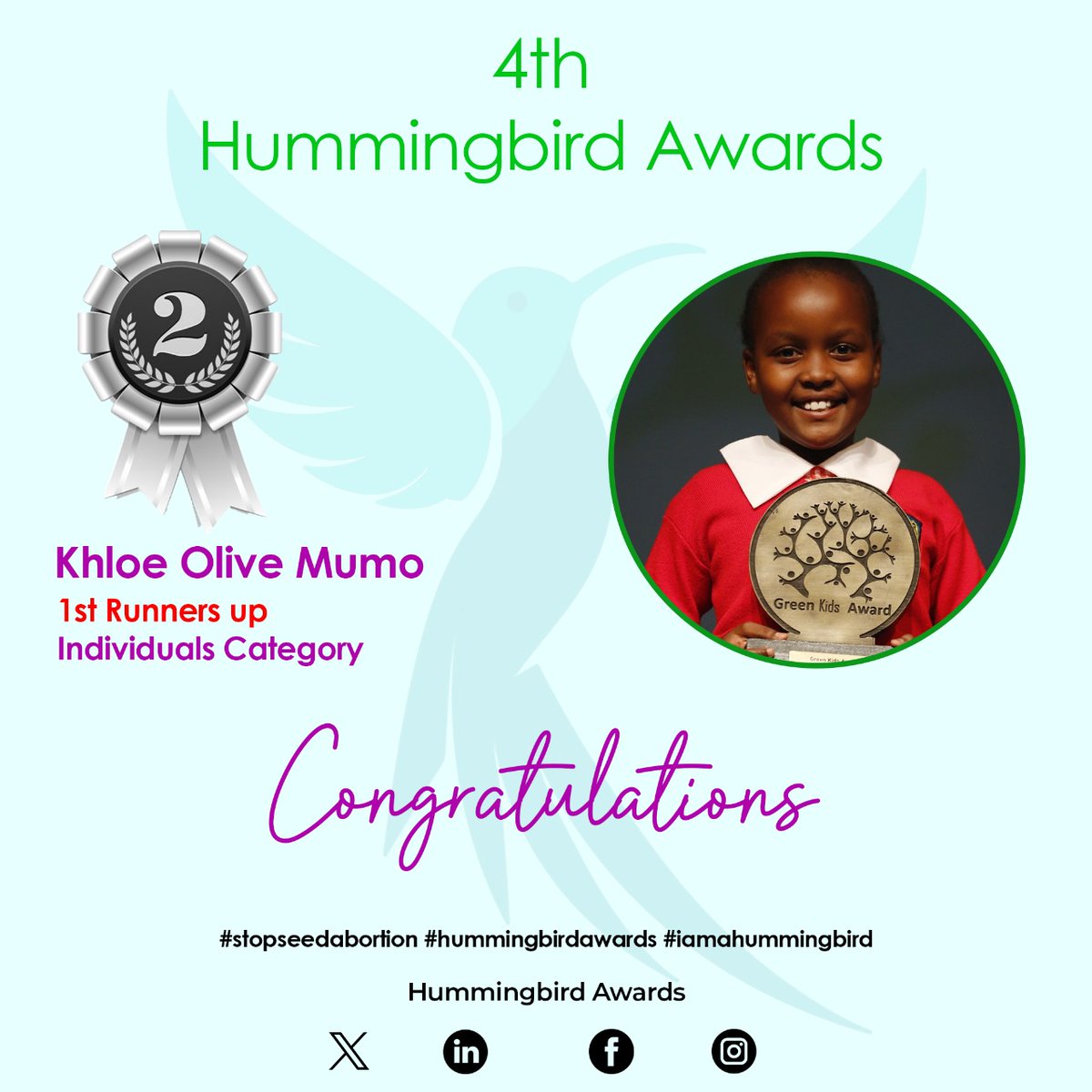 Congrats KHLOE OLIVE MUMO! 🎉👏🏾 So inspiring to see such a young hummingbird! Let's all join in the fight for environmental justice. 🌍
Shout out to Khloe, a #WangariMaathai in the making. Super proud of you! Keep it up!
#Younghummingbirds #HummingbirdAwards2024 #KenyaPolitics