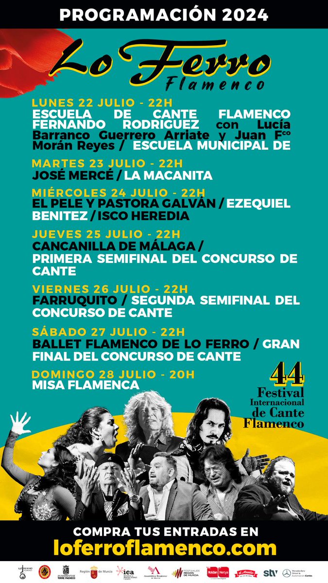 PROGRAMACIÓN Festival <a href="/LOFERROFLAMENCO/">LO FERRO FLAMENCO</a> del 22 al 28 de Julio. VENTA DE ENTRADAS👇
🎟️En loferroflamenco.com 
y en FISICO:
-Oficina "Peña Flamenca Melón de Oro" en horario:
de 10 a 14:00h y 16:00 a 18:00h.
-Papelería Sanmartín en horario:
de 9:00 a 14:00h y 17:30 a 21:00h