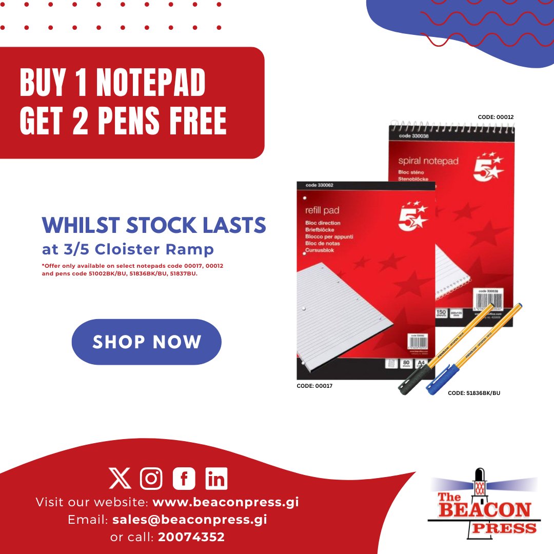 TheBeaconPress's tweet photo. 🚨 LIMITED TIME OFFER 🚨

For more information, visit our website:
🌐https://t.co/zRlhJsODox

Contact our sales team on:
📧sales@beaconpress.gi
☎️+350 200 74352
or message us on WhatsApp

#Offer #Stationery #Office #School https://t.co/YvN3Rpmep9
