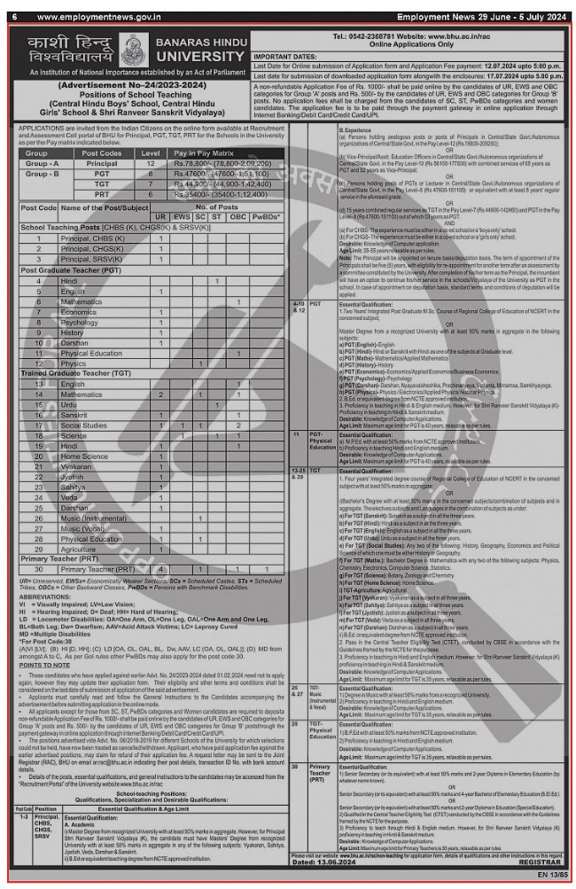 bhupro's tweet image. #Recruitment update!

#BanarasHinduUniversity is inviting online applications from eligible candidates for teaching positions at its schools. Last date to apply is 12.07.2024. Downloaded applications must be submitted by 17.07.2024.

Details here: 
bhu.ac.in/Images/files/A… 

#BHU