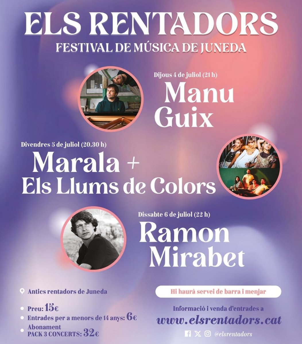 Torna el Festival de música Els Rentadors de Juneda, els dies 4, 5 i 6 de juliol

Un espai, els Antics Rentadors, els quals es reomplen per l'ocasió, de manera que l'escenari se situa sobre l'aigua. Un entorn perfecte per evadir-se del món i gaudir de la bona música.