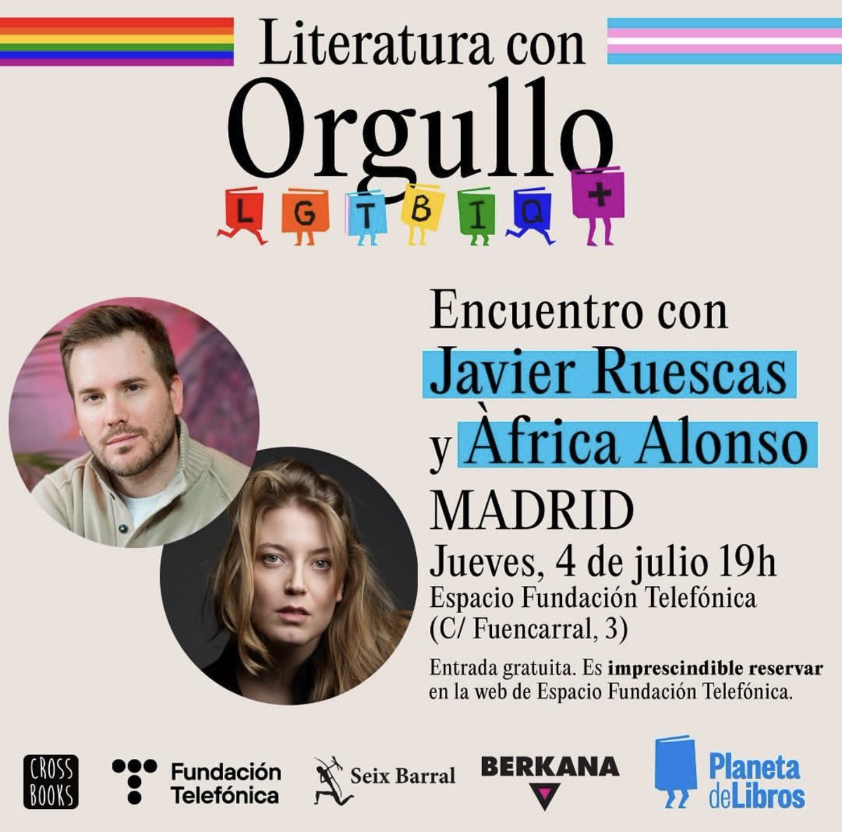 ¡MADRID! Este jueves 4 de julio a las 19h en el <a href="/EspacioFTef/">Espacio Fundación Telefónica</a> encuentro con <a href="/javier_ruescas/">Javier Ruescas 🏳️‍🌈</a> y <a href="/AafricaAlonso/">Africa Alonso Bada</a> moderado por <a href="/LuisMaura1/">Luis Maura</a> 🏳️‍🌈 

Reserva tu entrada gratuita aquí:
espacio.fundaciontelefonica.com/evento/literat…
