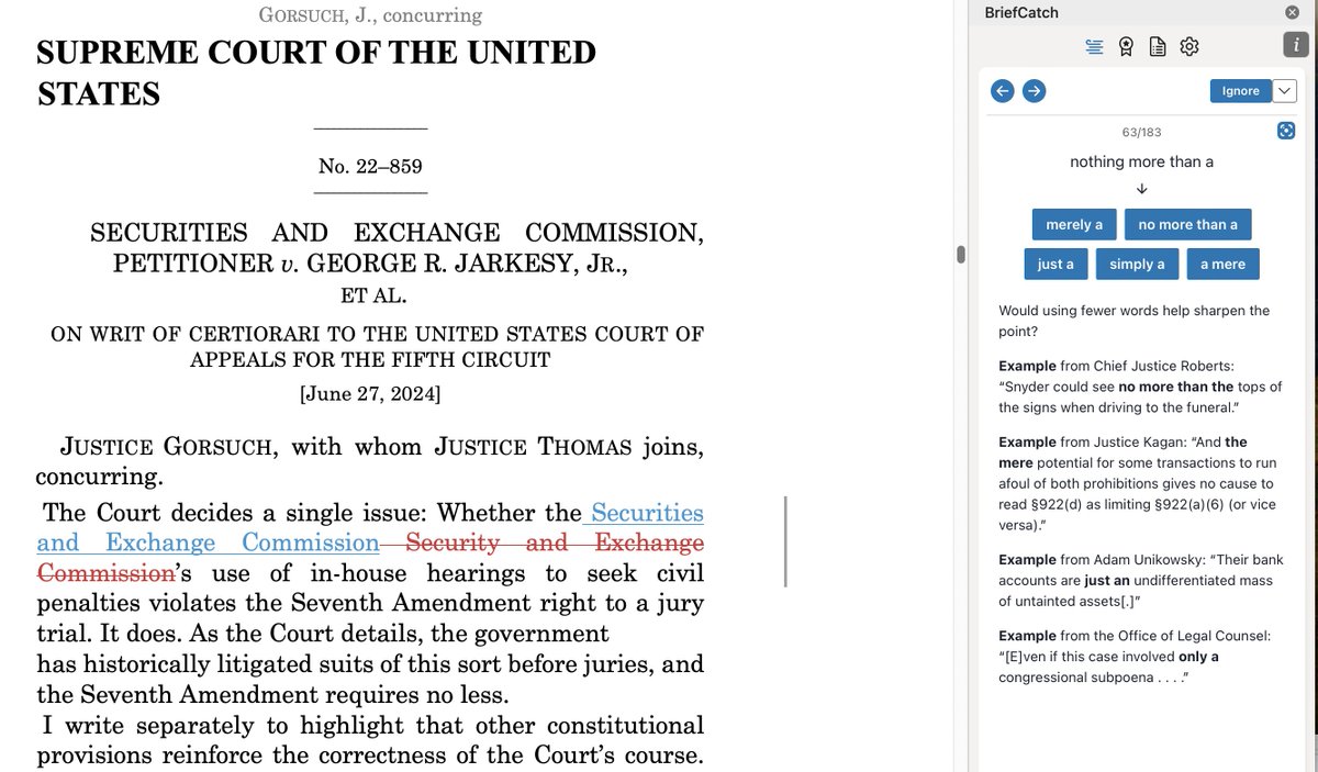 legalwritingpro's tweet photo. "Security and Exchange Commission"?
 
If Justice Gorsuch or his clerks had used https://t.co/kbRUa2LVtf, they would have caught this mistake before publication.

#BriefCatch your draft today!

#legaltech #appellatetwitter

@davidlat @bobambrogi https://t.co/fVS1rlitR2