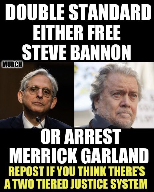 TheEXECUTlONER_'s tweet photo. Democracy shouldn’t have a double standard.

Both defied Congressional subpoenas but only one is going to prison for it. 

Release Steve Bannon or arrest Merrick Garland! While you are at it, release Peter Navarro as well! 

Who thinks this two tired justice system is BS? 🙋‍♂️ https://t.co/PZAAmJye6m