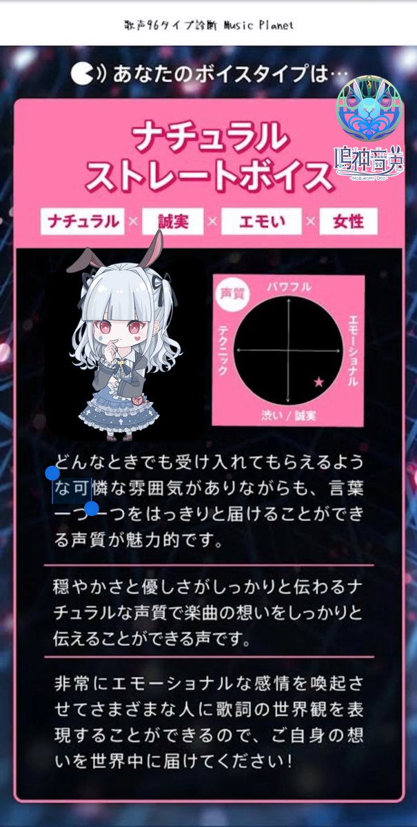 音兎もすこーし、気になってやってみちゃった〜。2次選考でどういったところが良くて、何が向かないか話を聞くだけになるよ？
て、言ってあるんだ。お歌、難しいからね！