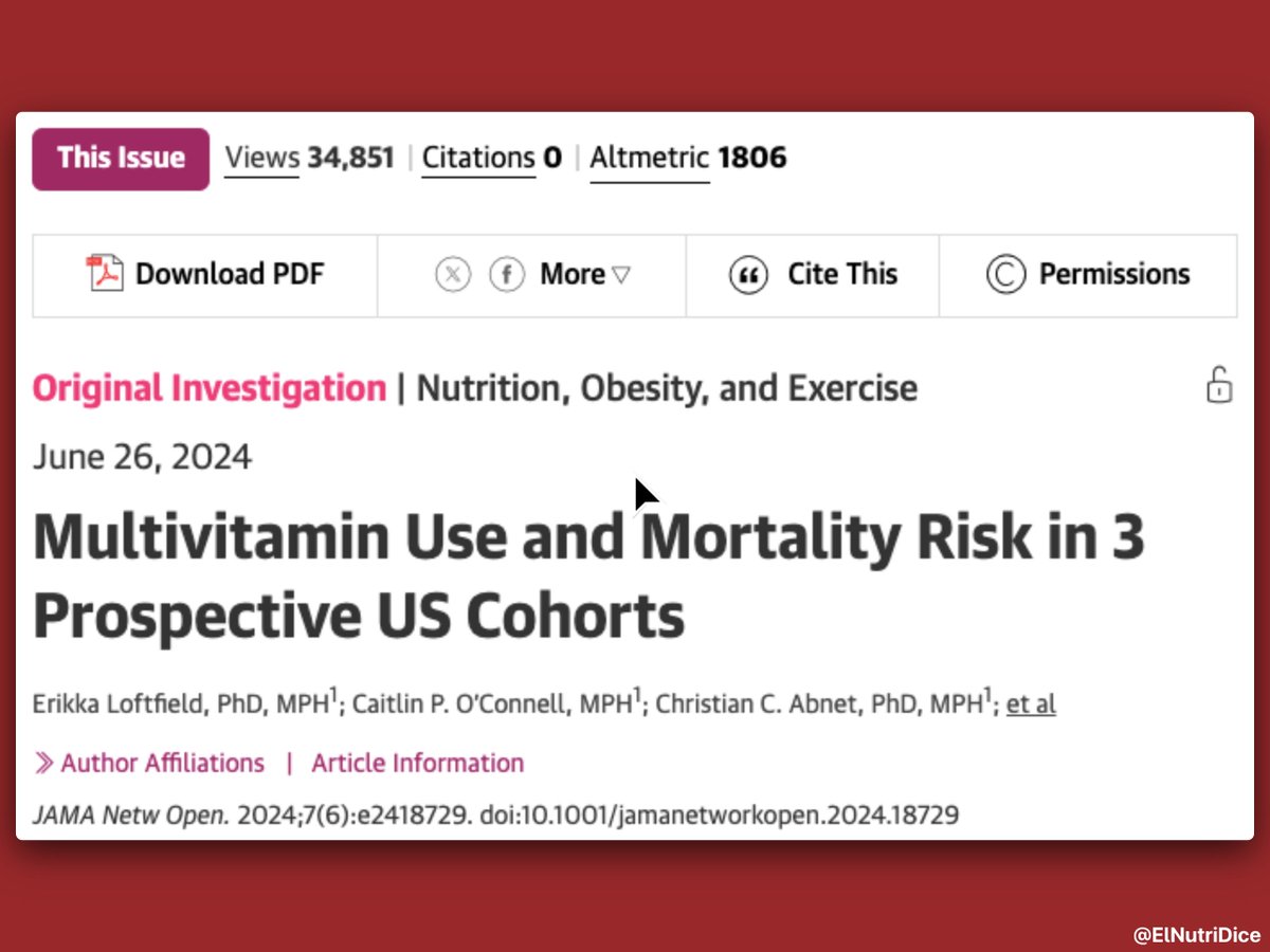 🚨¿Tomas multivitamínicos como Centrum para mejorar tu salud?🚨 Un nuevo estudio cuestiona sus beneficios🤔. 

Investigadores analizaron datos de más de 390,000 adultos estadounidenses durante 27 años para evaluar si el uso de multivitamínicos reduce el riesgo de mortalidad🧵.