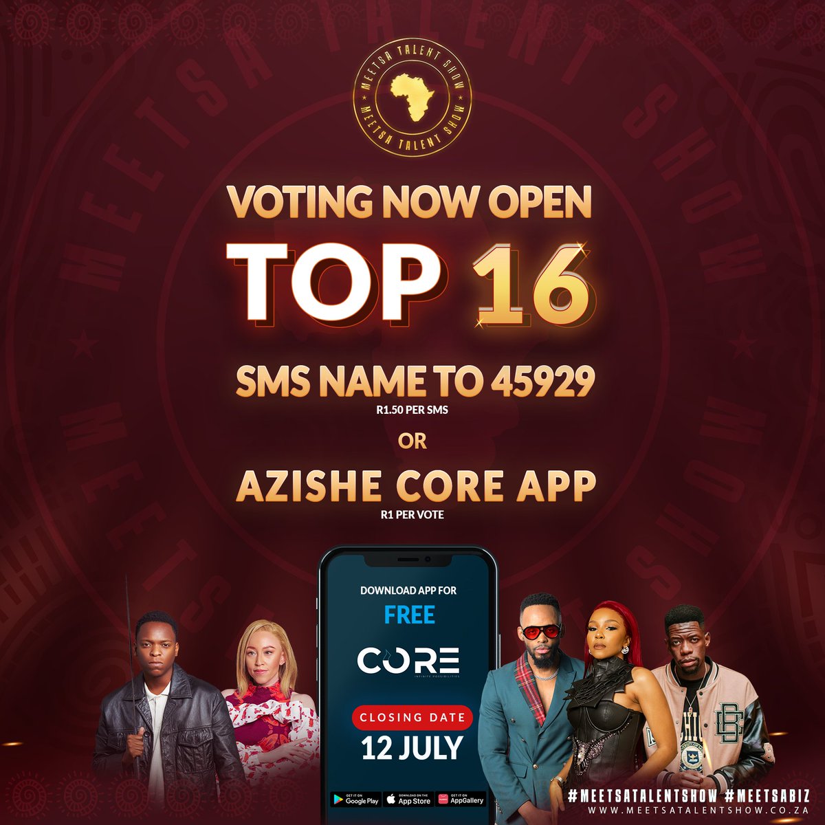 MeetSAbiz's tweet photo. Voting is now open for the Road to Top 10! Save your favorite and make your voice heard. The game heats up! 

🗓️ Closing date: 12 July
📲 Voting via Azishe CORE app: R1 per vote
📩 SMS voting: R1.50 per SMS

Fans stand a chance to win free tickets, Uber vouchers, data, and more https://t.co/RQzUQgGBjX
