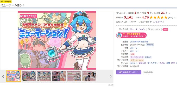 「ミューテーション!」本日5000DLを確認しました!たくさんの方に手にとって頂けたのも、応援していただいた皆様や、素敵なバナーを掲載頂いたDLsite様のおかげです…本当にありがとうございます!まだ全然未定なのですが、追加のコンテンツを少し考えています!もう少し練れたら記事にしますね! 