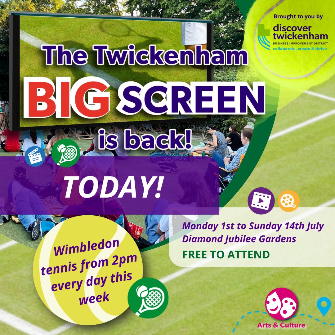 It's back!! Head down to Diamond Jubilee Gardens from 2-9pm every day this week, and from 1-7pm on Sat &amp; Sun, to watch the Wimbledon #Tennis Championships on the #Twickenham Big Screen. 
Free to attend. Find out more about timings and movie screenings:
discovertwickenham.co.uk/event/twickenh…