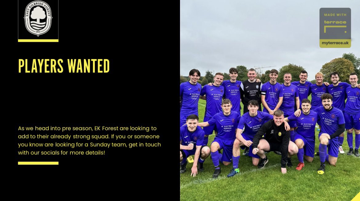 PLAYERS WANTED - EK Forest are looking for  players to add to their already strong squad. Contact us here on our socials or contact the gaffer Jack on +44 7824 396689. 

TRAINING - Wednesdays @ 8 - Ballerup.
MATCHDAYS - Sunday Afternoon in the FCSAFL setup