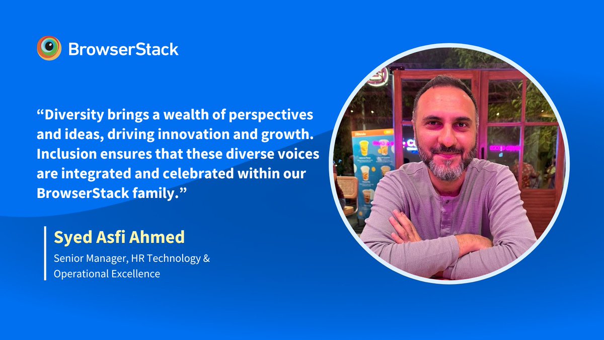 browserstack's tweet photo. At BrowserStack, we believe a diverse team is an innovative team!

Syed Asfi Ahmed, perfectly captures our commitment to creating a workplace where everyone is valued, respected, &amp; empowered to contribute their unique perspective.

➡️ https://t.co/YV9zWlhVMS

#LifeAtBrowserStack https://t.co/wyFSM3xPEA