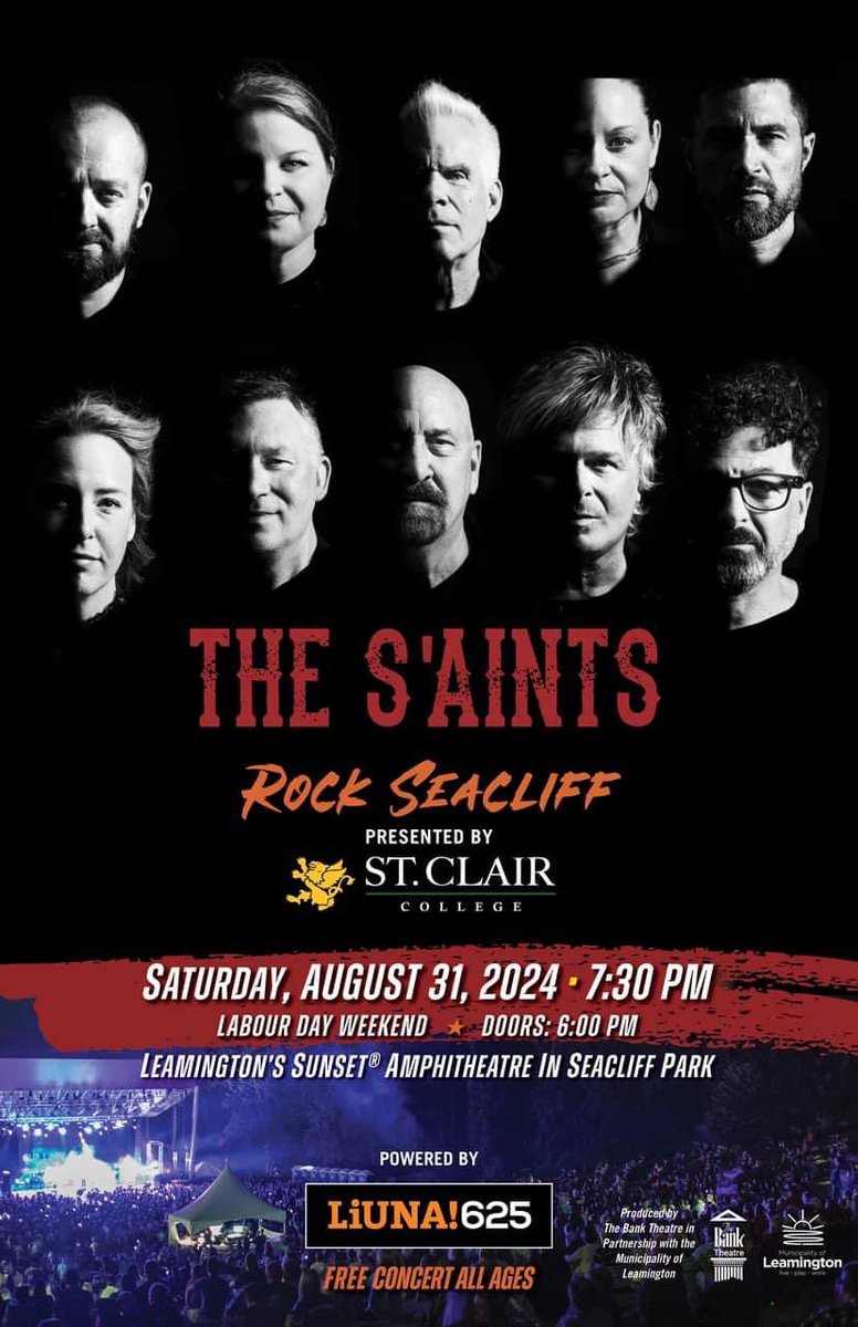 <a href="/StClairCollege/">St. Clair College</a> and <a href="/liuna625/">LiUNA! 625</a> proudly present The S'Aints once again at Seacliff Park Amphitheatre in #Leamington for our Annual Labour Day Celebration on Saturday, August 31st. 
Mark your calendars, more details coming soon! <a href="/TWEPI/">Tourism Windsor Essex</a> <a href="/TheBankTheatre/">The Bank Theatre</a>