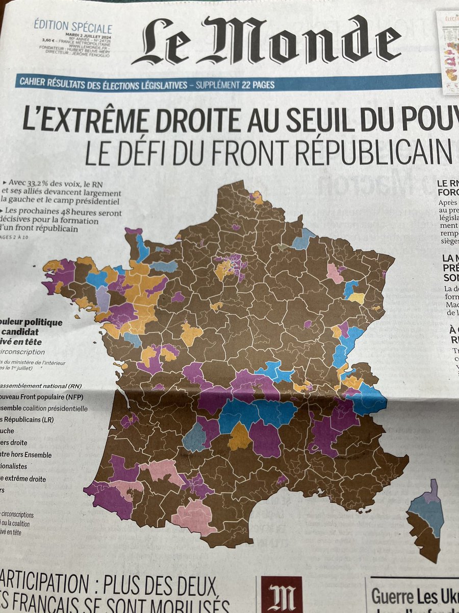 Il marrone è dove è arrivato in testa il candidato del Rassemblement national, giusto per capire le proporzioni #législatives