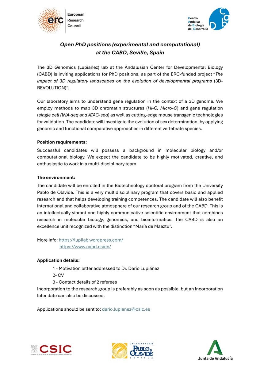 Darío G. Lupiáñez (@dariloops) on Twitter photo 🚨 Job Alert, we are recruiting!
🙏Please RT
📢We offer PhD positions <a href="/CABD_UPO_CSIC/">Centro Andaluz de Biología del Desarrollo</a> to work in an <a href="/ERC_Research/">European Research Council (ERC)</a> funded project on the evolution of vertebrate sex determination
📨Send your application to dario.lupianez@csic.es 🚨 Job Alert, we are recruiting!
🙏Please RT
📢We offer PhD positions <a href="/CABD_UPO_CSIC/">Centro Andaluz de Biología del Desarrollo</a> to work in an <a href="/ERC_Research/">European Research Council (ERC)</a> funded project on the evolution of vertebrate sex determination
📨Send your application to dario.lupianez@csic.es