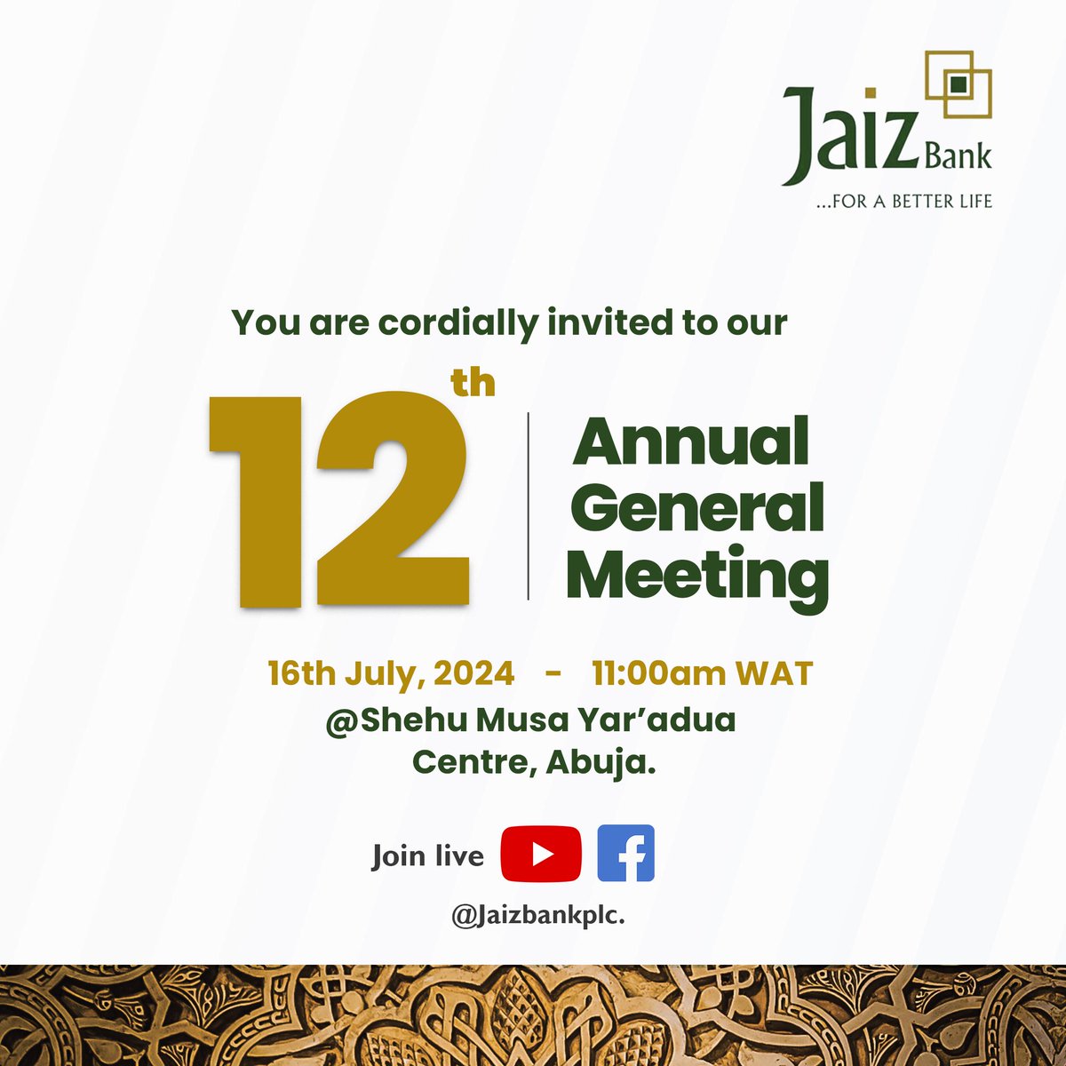 Striving__Soul's tweet image. You are cordially invited to our 12th Annual General Meeting (AGM).

Join live on our YouTube channel and Facebook page for live updates.
#Jaizbank #forabetterlife #AGM2024