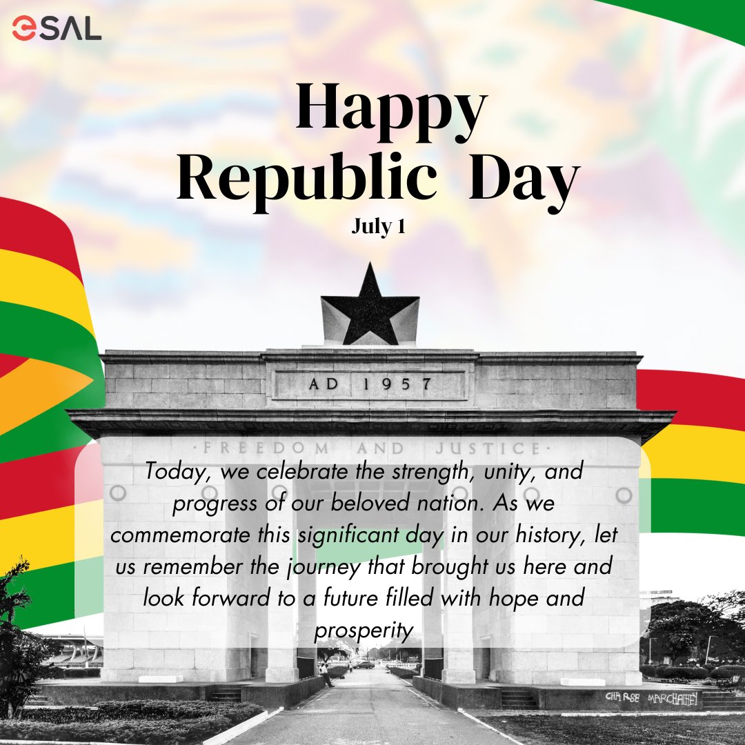 ESALGh's tweet photo. We are proud to be part of this vibrant and dynamic country. Let's continue to work together towards building a brighter tomorrow for all Ghanaians.
Wishing everyone a joyous Republic Day!
#republicday #july1 #Ghana https://t.co/X7HWyhNVrD