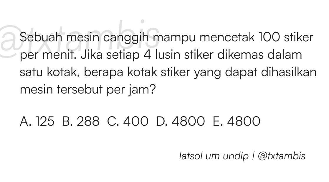 txtambis's tweet photo. [Latsol UM UNDIP]

Berapa kotak stiker yang dapat dihasilkan mesin tersebut per jam? https://t.co/gfevoNx2is