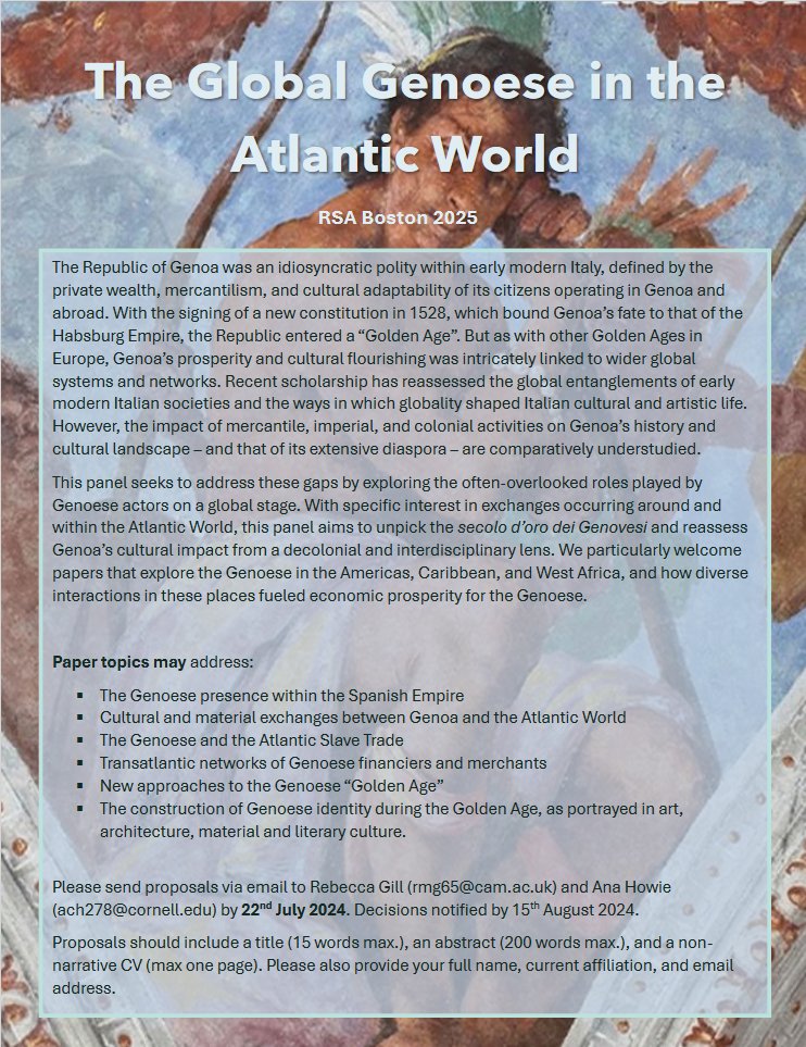 <a href="/DrRenaissance/">Rebecca Gill</a> and I are very excited to share our CFP for <a href="/RSAorg/">The Renaissance Society of America</a> 2025! We welcome all papers on Genoa and its presence in the early modern Atlantic arena. Full details here: tinyurl.com/bcfpm3rr
