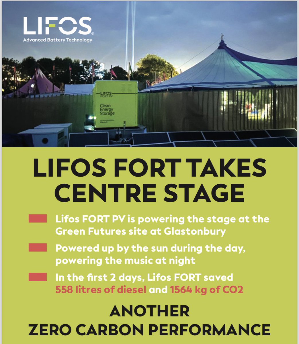 lifosbattery's tweet photo. Another zero carbon performance for Glastonbury. 
The Lifos FORT PV helps to power the stage at Glastonbury for a greener exhibition. 
#Lifos #Glastonbury #FortPV #InvertedEarth #Solar https://t.co/I7WrX6gMsW
