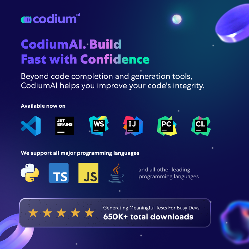 QodoAI's tweet photo. Why are 650k+ developers switching from GitHub Copilot to CodiumAI?

- AI calls for coding and testing.🚀
- Chat with many commands right inside your editor.🧠
- Supports all languages.⚡️
- Extended testing capabilities. 

And, by the way, it's absolutely FREE!