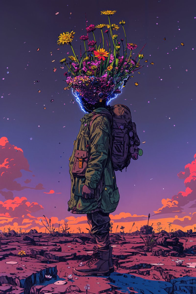 'Petals of Thought'
By Confirmed

"A solitary traveler carries the cosmos within, blooming with every step."

Bid on or buy this piece from the 'Cleaving Reality' exhibit below