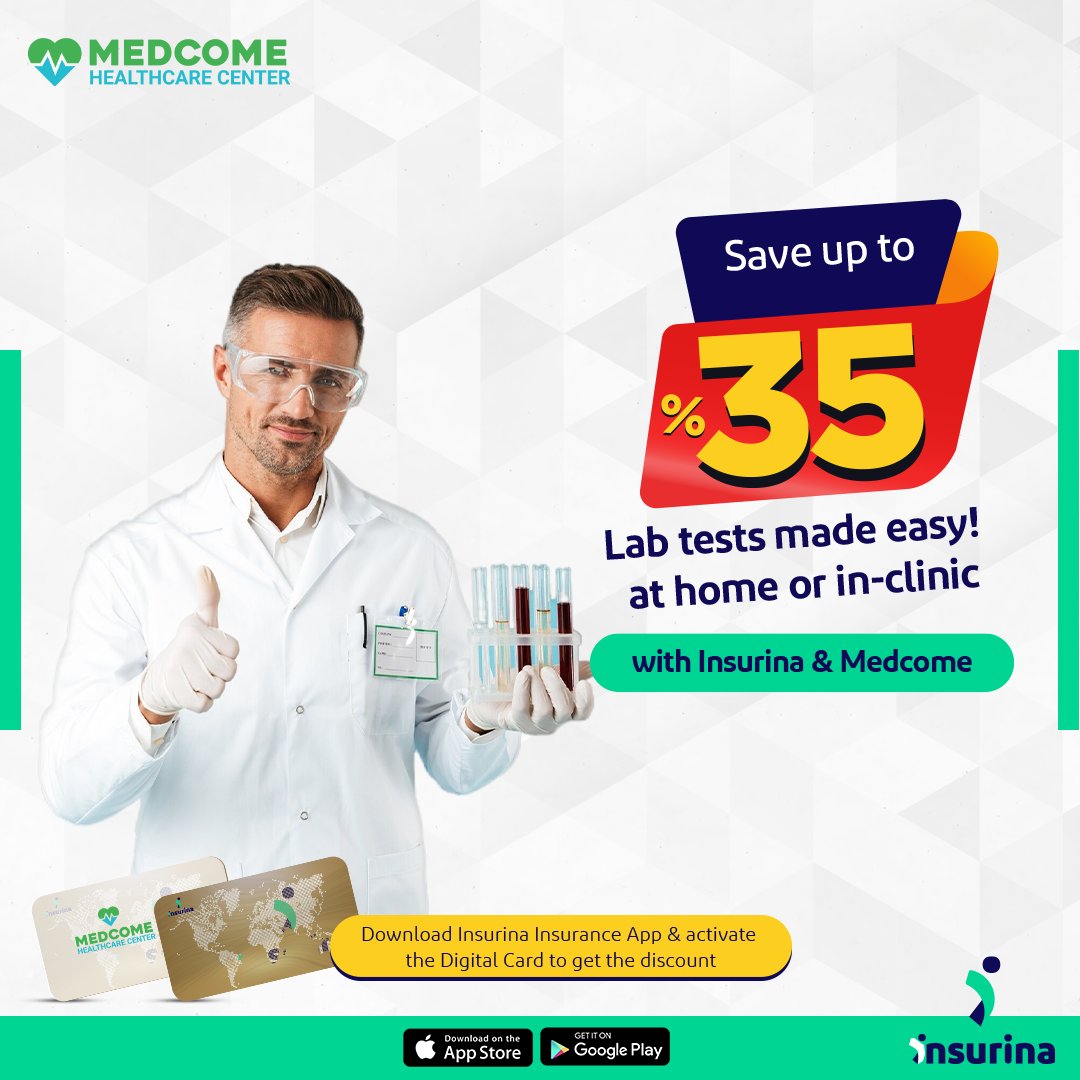 insurina's tweet image. Save BIG on lab tests!
get up to 35% off when you choose Insurina & Medcome for at-home or clinic visits. 🩺 
#HealthcareAtHome #LabTestingMadeEasy #SpecialOffer
Download Insurina Insurance App & activate the Digital Card to get the discount
insurina.com
