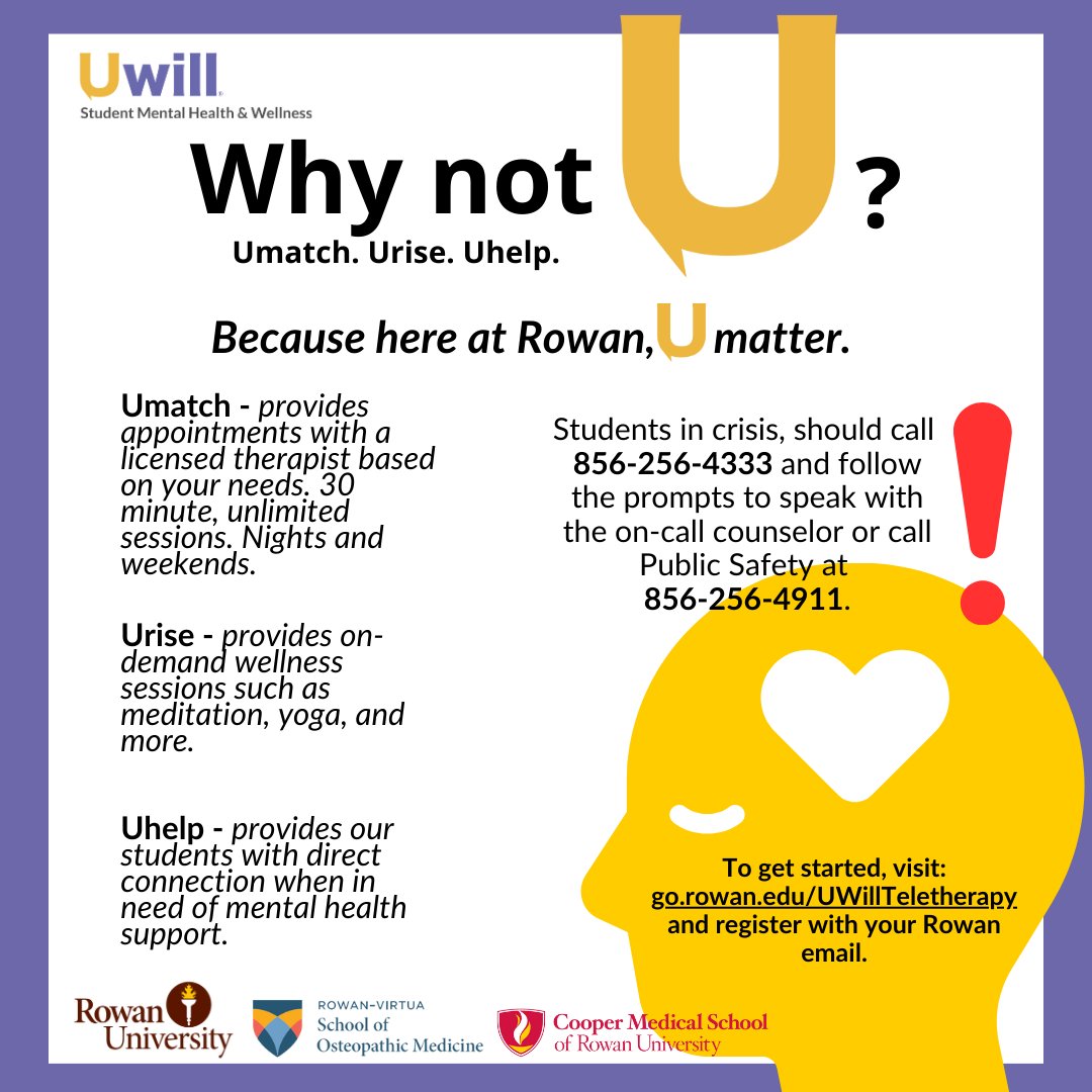 One year of Uwill and over 1000 students have used this incredible service! Uwill provides 24/7, 365 access to a mental health clinician. So, why not you? Start chatting with a counselor now for free! Use your Rowan email to register: app.uwill.com