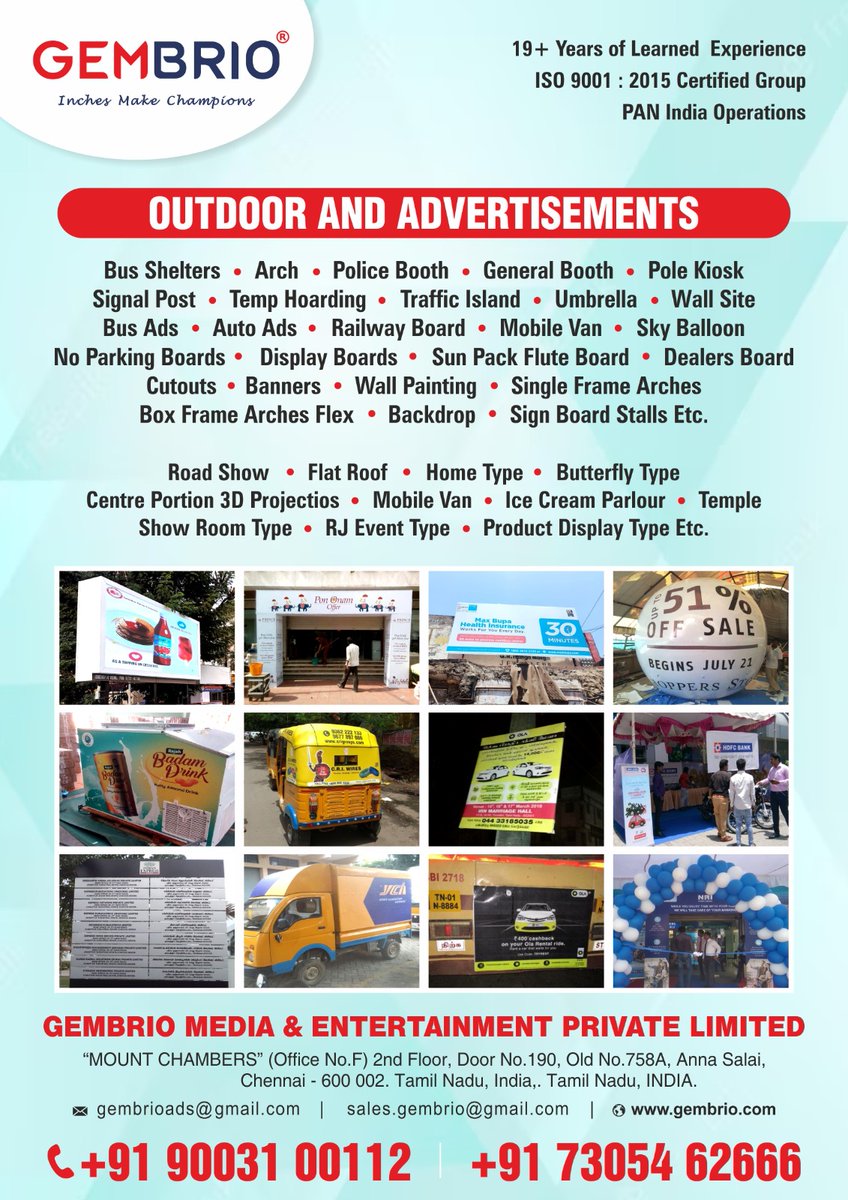 gembrio_media's tweet image. #Contact us for #outdooradvertisement Mobile No : 73054 62666, 90031 00112 Website: gembrio.com Email Id: sales.gembrio@gmail.com #gembrio #showroom #gemrbiomedia_privatelimited #roadshow #productdisplay #mobilevan #RJevents #Banners #Wallpainting #backdrop