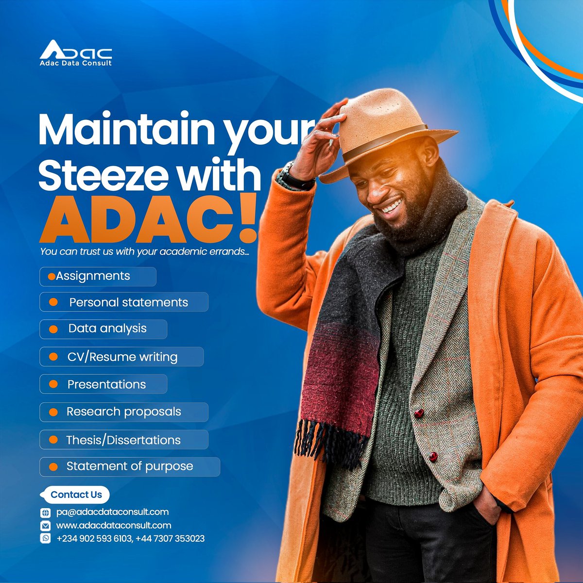Make you no carry last, link up with ADAC Data Consult today for dat correct steeze wey dey blend well with your academic hustle. Na dem dey give you the academic support wey dey proper!
#steeze #composure #AcademicSupport