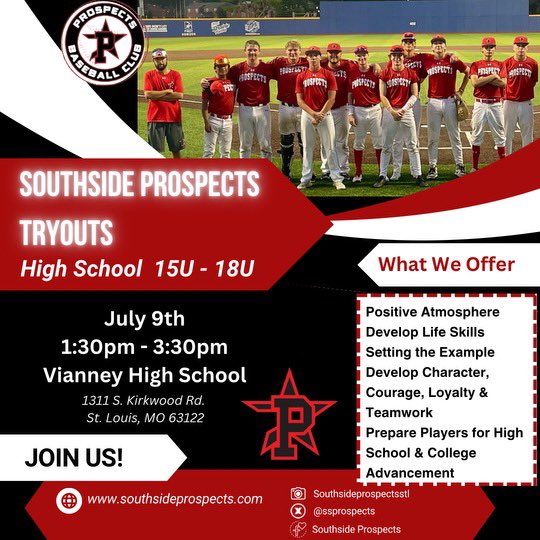 Southside Prospects HS Tryouts are next Tuesday 7/9 1:30-3:30pm @ Vianney HS. Visit: southsideprospects.com to register. <a href="/ssprospects/">UA Southside Prospects</a> <a href="/EricRuehl/">Eric Ruehl™</a> <a href="/AndyBenes40/">Andy Benes</a> <a href="/stlprospects/">STLProspectsBaseball</a>