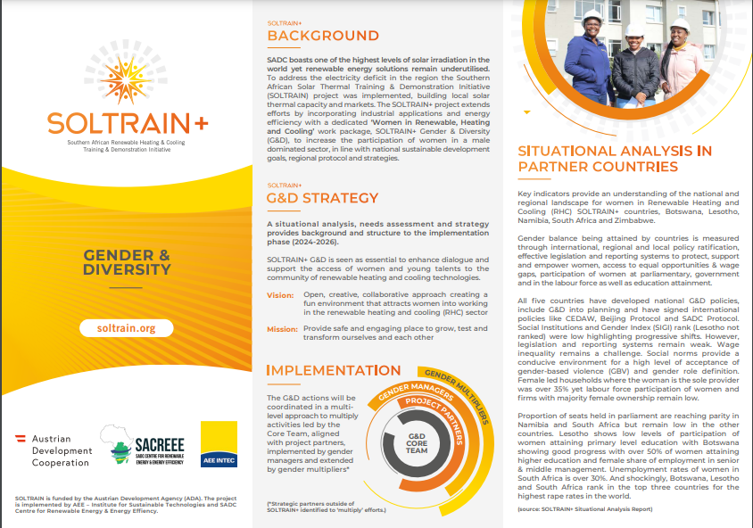 🌍Introducing SOLTRAIN+ Gender &amp; Diversity (G&amp;D) Brochure☀️💡
G&amp;D aims to enhance female participation in renewable energy, breaking barriers in a male-dominated sector for sustainable development and regional goals.
Explore our digital brochure: lnkd.in/dJZy2p4t
