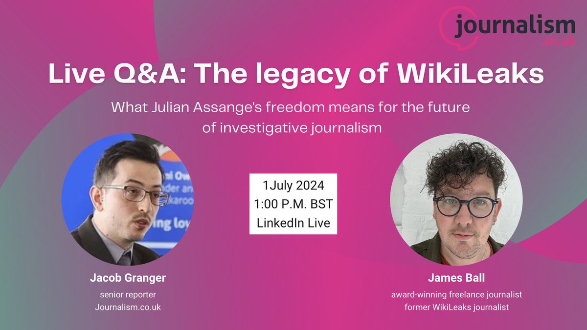 Journalism.co.uk (@journalismnews) on Twitter photo LIVE: Join Jacob Granger and <a href="/jamesrbuk/">James Ball</a> on LinkedIn NOW as they talk about what Julian Assange's freedom means for the future of investigative journalism. Log in here: linkedin.com/events/liveq-a… LIVE: Join Jacob Granger and <a href="/jamesrbuk/">James Ball</a> on LinkedIn NOW as they talk about what Julian Assange's freedom means for the future of investigative journalism. Log in here: linkedin.com/events/liveq-a…