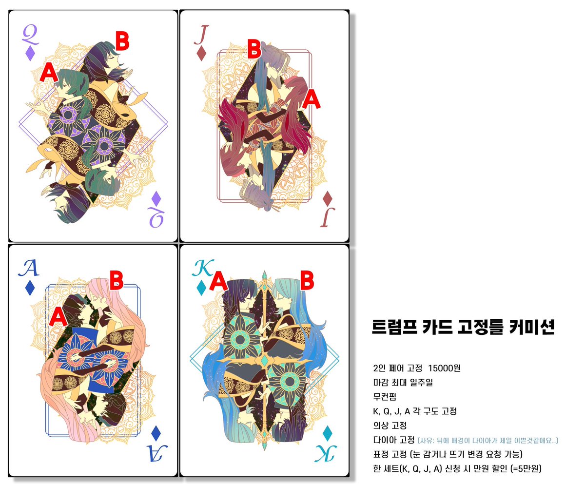 CHAN_HYEE_CM's tweet image. ♦️트럼프 카드 고정틀 커미션♦️
♠️ K, Q, J, A 카드 고정틀입니다! 자세한 내용은 크레페 페이지에 안내되어 있습니다!
♠️ 목표 금액 달성 시 알티 추첨 한분 그려드립니다!
♠️ 신청 및 문의는 크레페/오픈채팅👍
크레페: kre.pe/WGDm
오픈채팅: open.kakao.com/o/sA5t3kSe