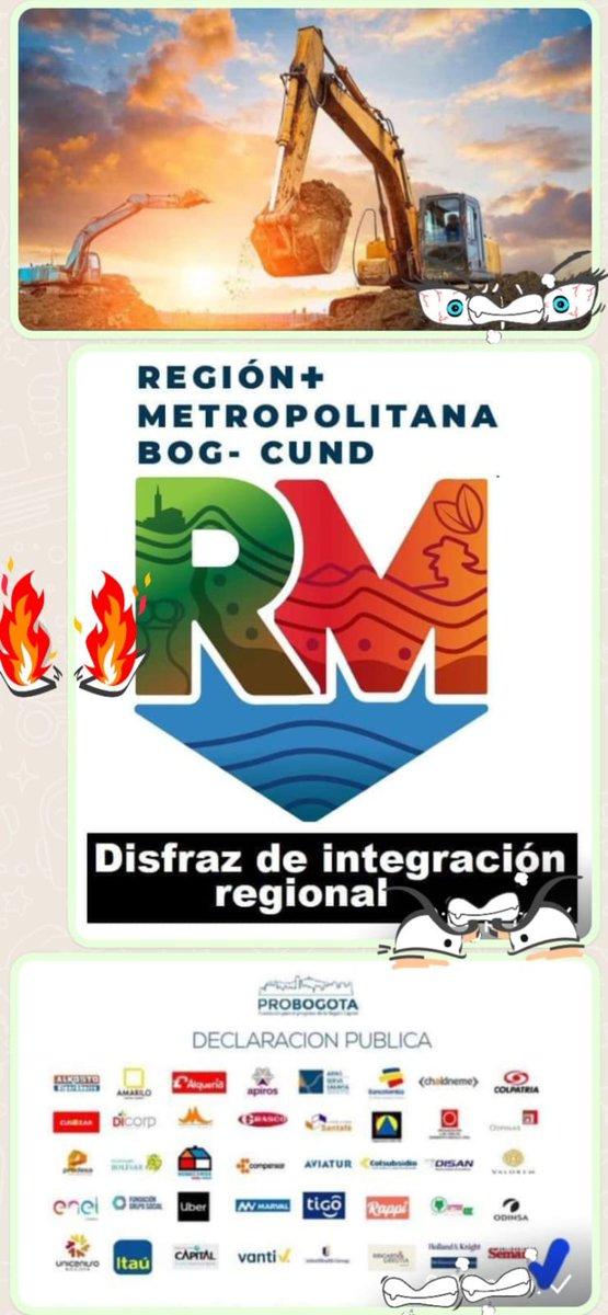 RuraliaUrbana's tweet photo. Respetada Abogada y Columnista @AnaBejaranoRG, a usted le parece correcta la manera caprichosa e inquisitiva con que @Grupo_Argos (@Cementos_Argos) procede tozuda e insistentemente a través de su empresa Concesionaria  @SomosOdinsa a querer hacer SÍ o SÍ la APP #PerimetralDeLaSabana (con los nombres que le quieran dar) siendo RECHAZADA por comunidades cundinamarquesas de Mosquera, Madrid, Funza, como enfáticamente de Tenjo, Tabio y Cajicá desde el anterior periodo de @CundinamarcaGob: @nicolasgarciab e @ICCUGOB y que bajo continuismo de @JorgeEmilioRey, Repitente Gobernador, se pretende desarrollar para propósitos de la impuesta Región Metropolitana Bogotá D.C. Cundinamarca?

Con esta figura, al mismo tiempo, buscan revivir la Fase 2 del Aeropuerto @BOG_ELDORADO suspendida por afectación a Estructuras Ecológicas Principales desde @CAR_Cundi, pero ahora con el nombre #ElDoradoMax ya no tendría impedimento,  donde ODINSA del Grupo ARGOS también era el originador, así como de la #PerimetralDeLaSabana con la que curiosamente se conectaría, siendo parte, fuera de eso, de las empresas miembro del Proyeccionista Privado @ProbogotaRegion, que tras este lobby político (imagen 2), logró que dicho "Esquema Asociativo" Región Metropolitana (RMBC) donde @CAMACOLBOGOTA y @camaradelainfra tienen intereses particulares, se impusiera SIN PARTICIPACIÓN CIUDADANA REAL, desde 2020, en plena Pandemia.

Está bien acaso que esta especie de "Gobierno Gremial a la sombra" al que no le importa que Comunidades se opongan a proyectos de sus aliados, en especial de ARGOS, dado lo que le exponemos, se consolide como un Estado dentro de otro, sin ser concertado ni elegido popularmente?

Entonces está bien que el Haber y Deber de lo Público esté controlado por intereses de Privados en su mayoría aportantes de campañas políticas? 
Qué opina? 
Por favor, revise el hilo. @FLIP_org