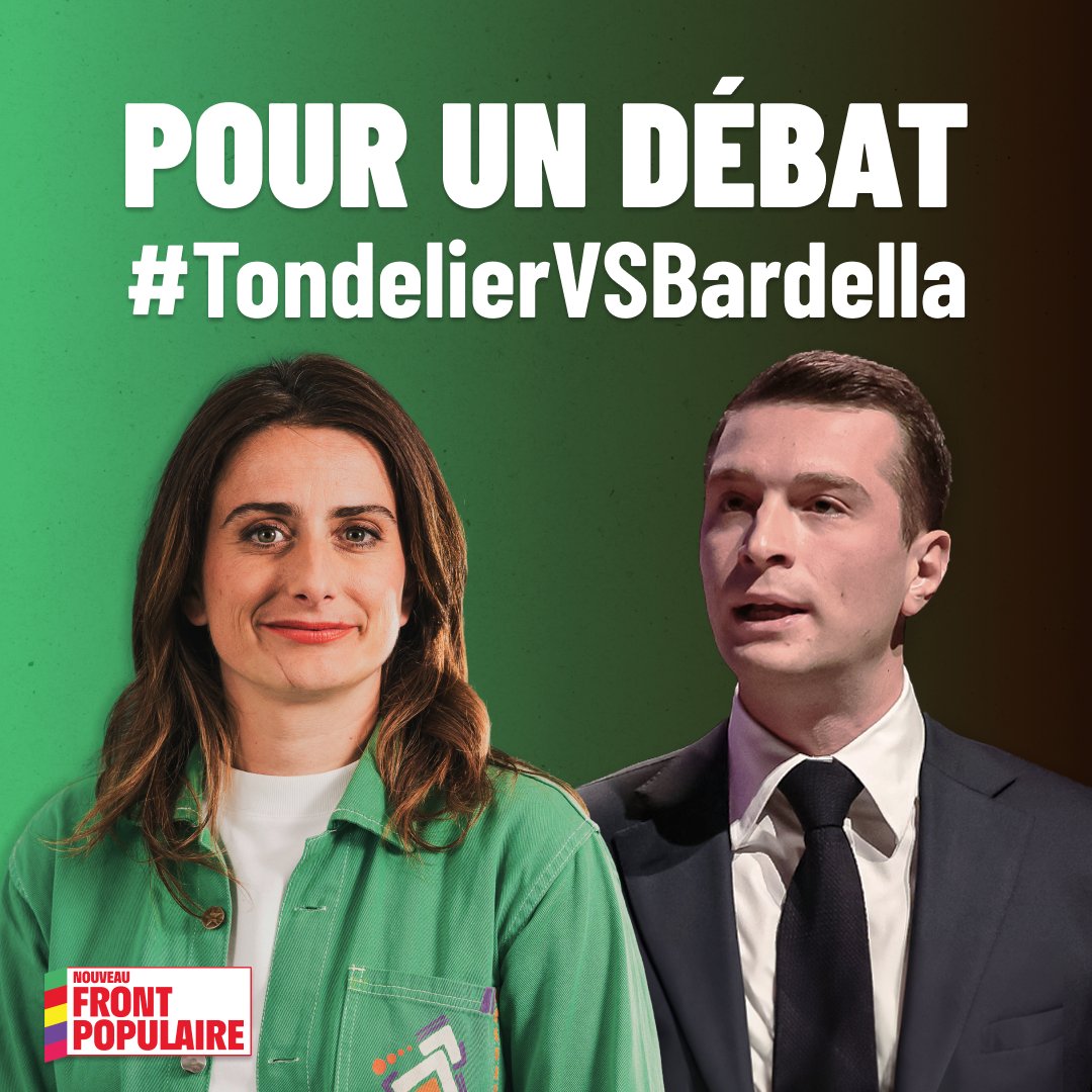 Débat avec Marine Tondelier, de quoi Jordan Bardella a-t-il peur ?

Pour un débat #TondelierVSBardella.   

Lire notre communiqué de presse 👉 lesecologistes.fr/posts/5GyxYSp6…

#NouveauFrontPopulaire #NouveauFrontRépublicain