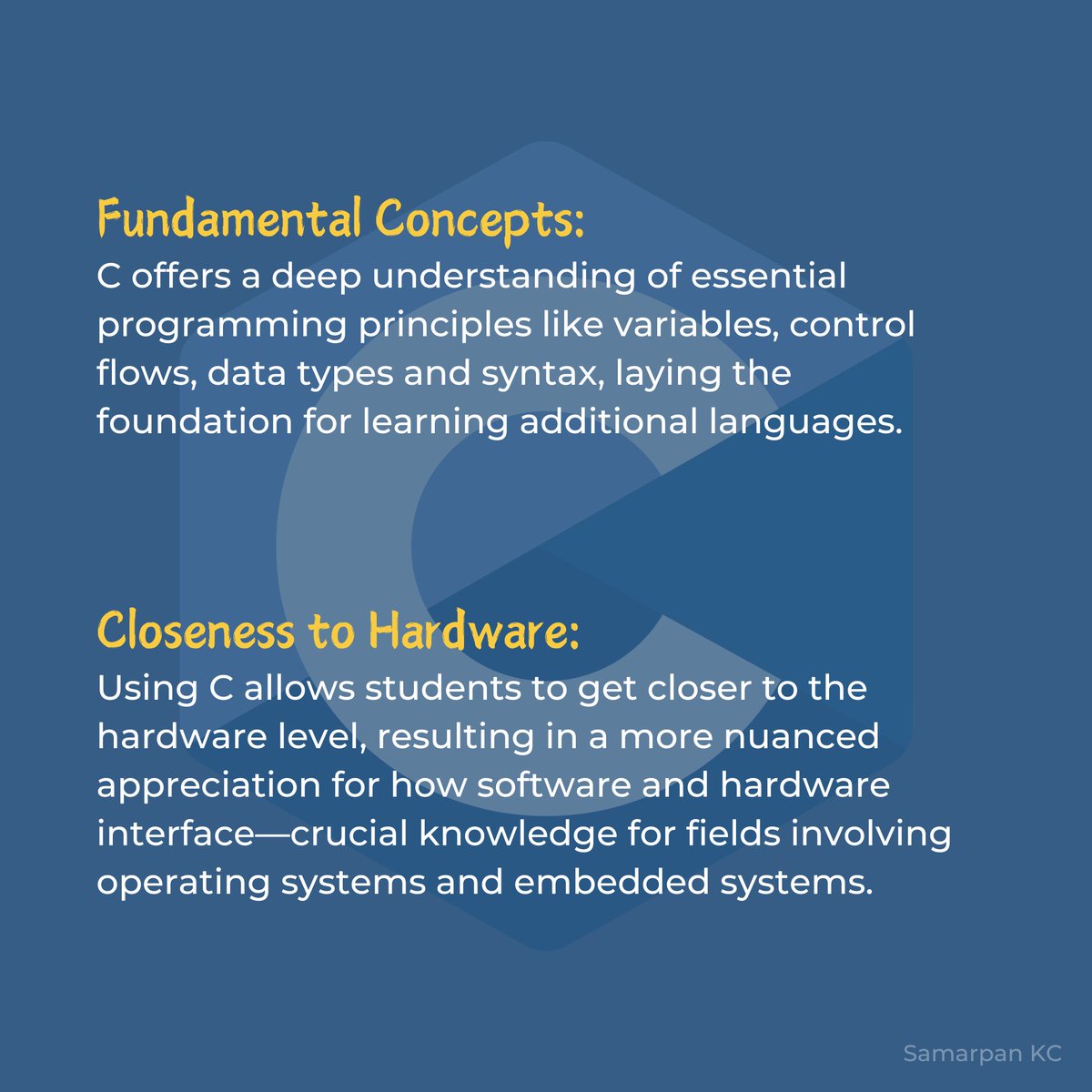 samarpankc79's tweet image. Why, #C_programming is commonly taught in college for several important reasons, in spite of not being commonly used today? 😕
1. Fundamental Concepts
2. Closeness to Hardware
3. Efficiency and Optimization
4. Legacy Applications and Current Usage