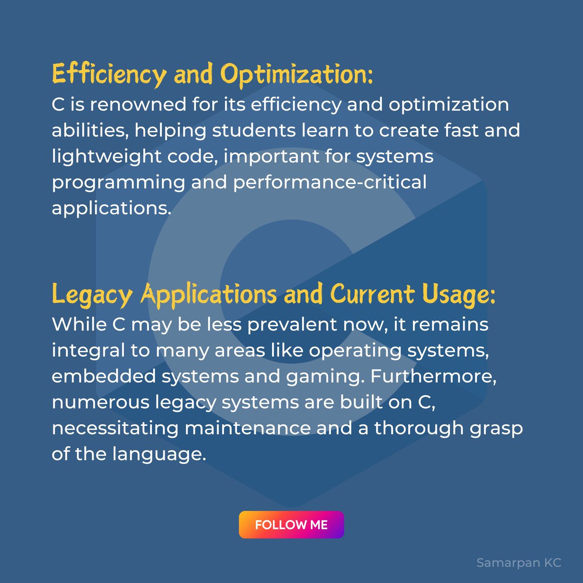 samarpankc79's tweet image. Why, #C_programming is commonly taught in college for several important reasons, in spite of not being commonly used today? 😕
1. Fundamental Concepts
2. Closeness to Hardware
3. Efficiency and Optimization
4. Legacy Applications and Current Usage