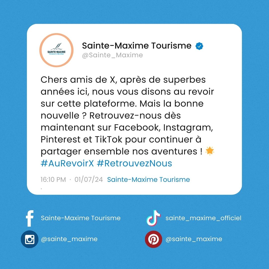 Rendez-vous pour de nouvelles aventures ! 🚀 
Facebook : facebook.com/saintemaximeto…
Instagram : instagram.com/sainte_maxime/
TikTok : tiktok.com/@sainte_maxime…
Pinterest : pinterest.fr/saintemaxime/
LinkedIn : linkedin.com/company/office…