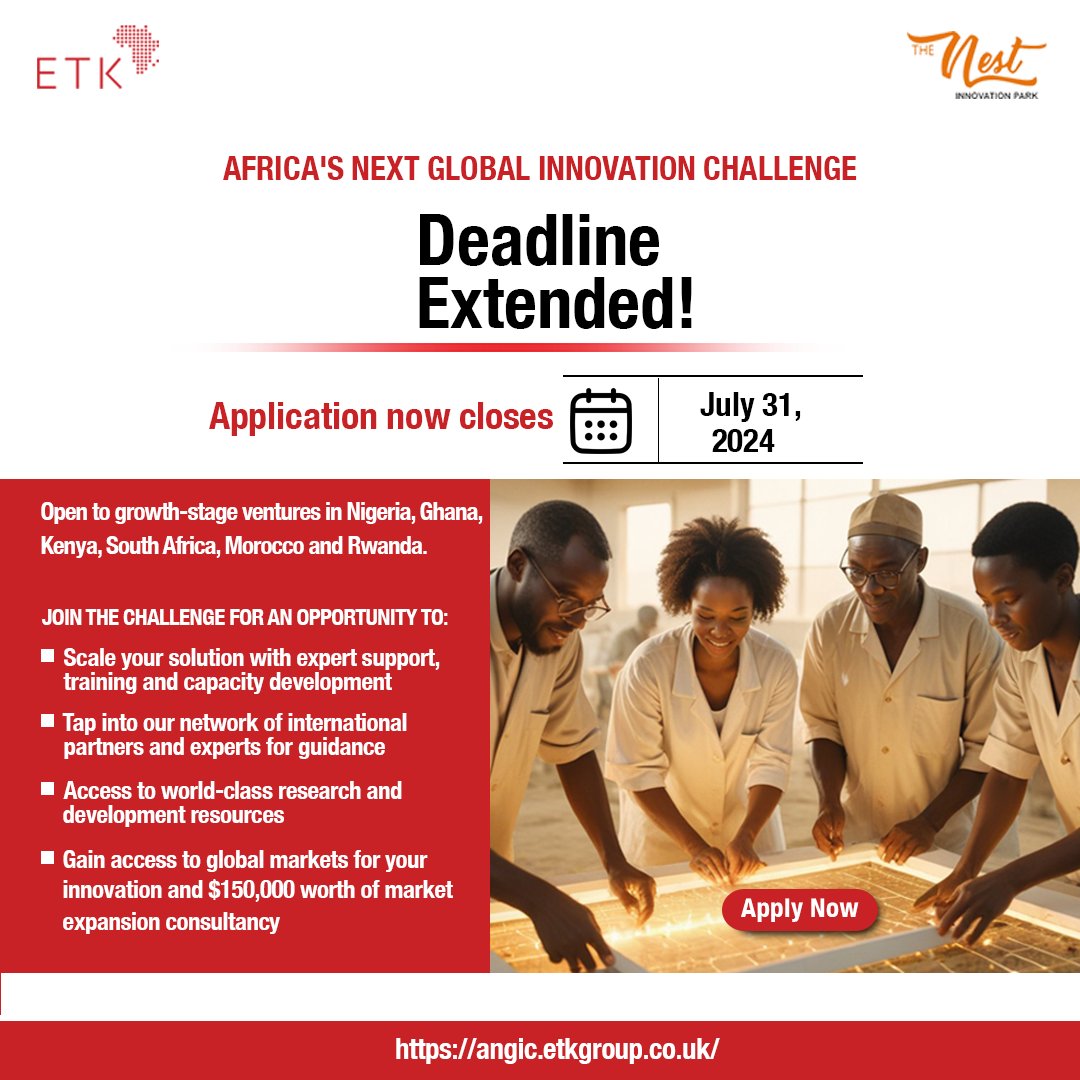 Hello Innovators! 📢
 
The deadline for Africa’s Next Global Innovation Challenge has been extended to July 31, 2024, to ensure that qualified businesses from across Africa have an equal opportunity to submit their applications.
 
Visit bit.ly/4bsGfZy to apply now!