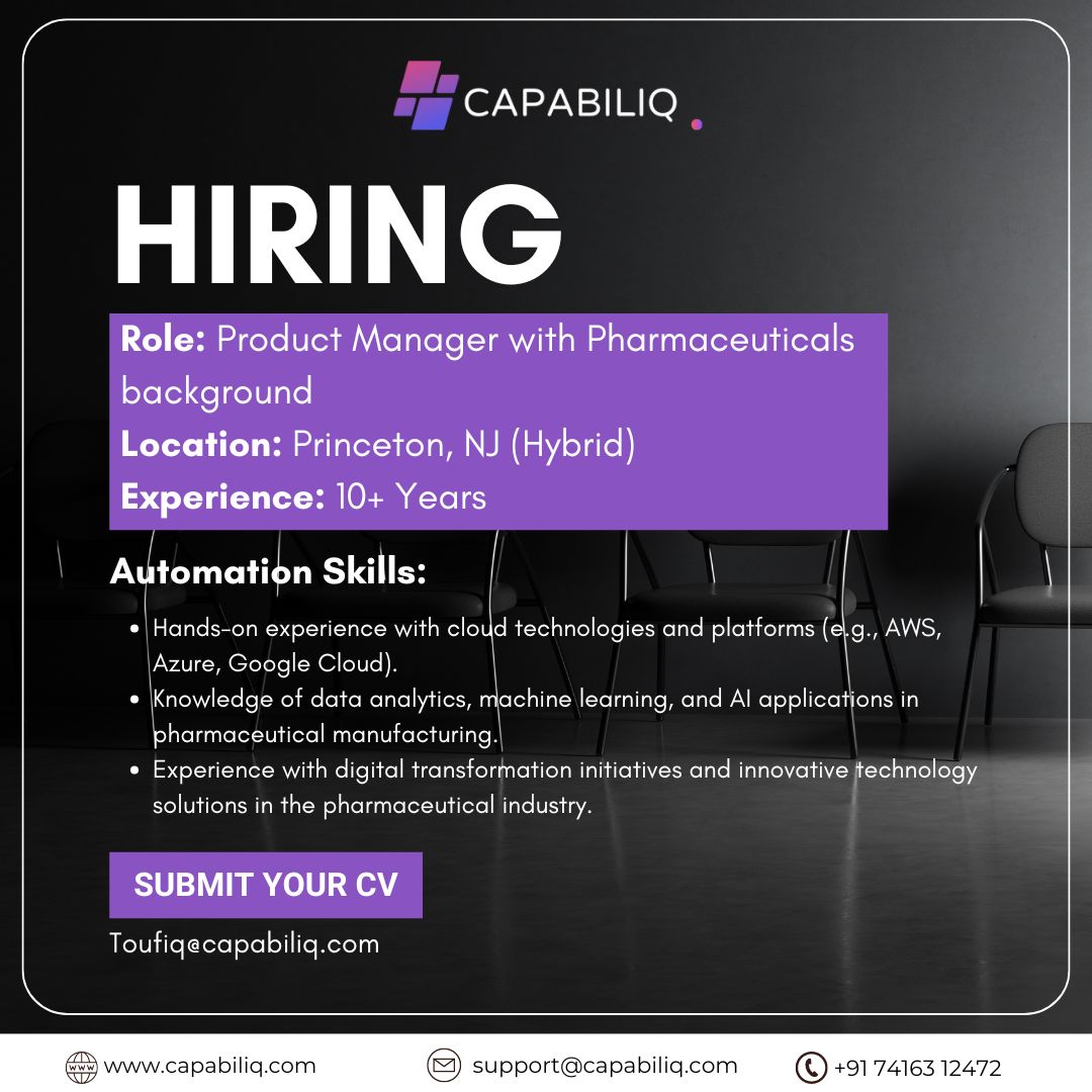 capabiliq's tweet image. Job Description: Product Manager with Pharmaceuticals Background
Location: Princeton, NJ (Hybrid: 2 days onsite)
Duration: 3 months contract to hire
About the Role:
#hiring #hiringUIdeveloper #hiringtech #productmanager
