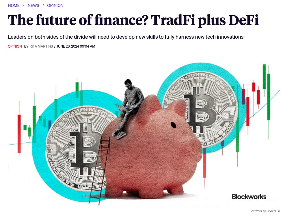 The future of finance isn't DeFi.

It's TradFi + DeFi, according to <a href="/RitaMartinsUK/">Rita Martins</a> in her recent <a href="/Blockworks_/">Blockworks</a> oped.

She argues that both worlds are becoming intertwined, and the future of finance will be onchain—banks, asset managers, insurers, and exchanges—all onchain.

This