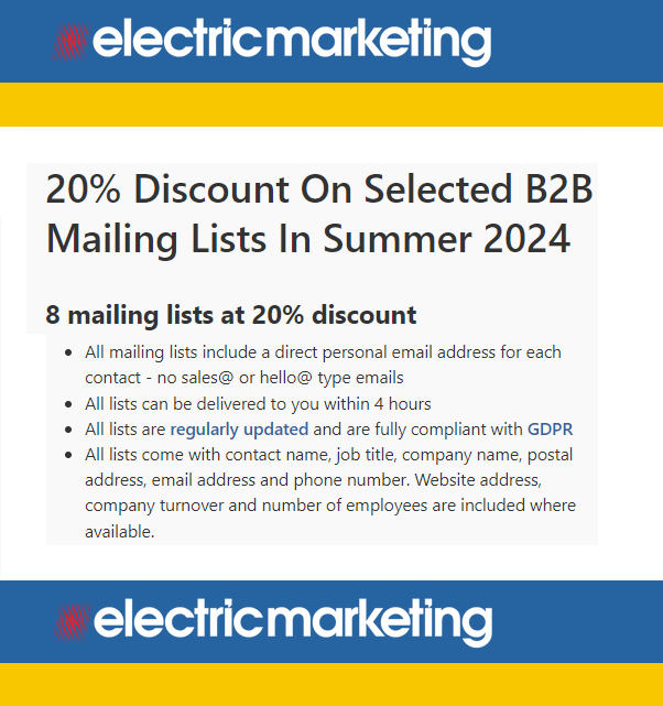 New_Directors's tweet photo. 20% Discount on 8 Lists for Summer 24 from @ElecMarketing.

https://t.co/PaG9XPCzRQ

Includes lists of HR directors, learning managers, health &amp; safety managers, marketing managers, IT managers and financial directors. https://t.co/sftgwcWyzX