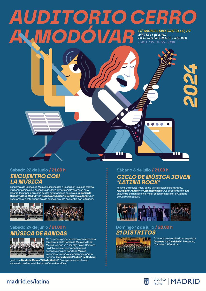 En julio, continúan los #planes en el auditorio al aire libre Parque Cerro Almodóvar de #DistritoLatina. ¿Te apuntas?
El sábado 6JUL, a las 21:00 h, Ciclo de Música Joven #LatinaRock con las bandas Blue Spirit, Ember y Zona Rock Band
informate.madrid.es/jo4nn1
