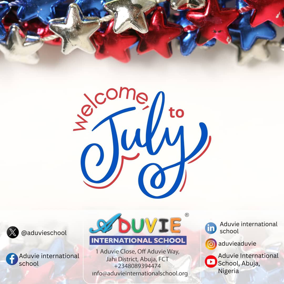 aduvieschool's tweet image. 🌟 Welcome to July! 🌟

We're excited to embark on a new month filled with learning, fun, and growth at Aduvie International School. Let's make this July unforgettable! 
#WelcomeJuly #AduvieInternationalSchool #LearningAndFun #NewMonthNewGoals #EducationExcellence