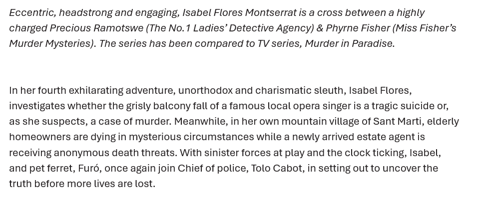 Penultimate day of the <a href="/RandomTTours/">Random Things Tours 🇺🇦</a> for #AuntMariasLastAria by <a href="/ANicholasAuthor/">Anna Nicholas</a> published by <a href="/burrobooks/">BurroBooks</a> so there are already some great reviews to check out #IsabelFlores #Mallorca #murder #opera #crimefiction Isabel Flores Mallorcan Mysteries book 4 
peterturnsthepage.wordpress.com/2024/07/01/aun…