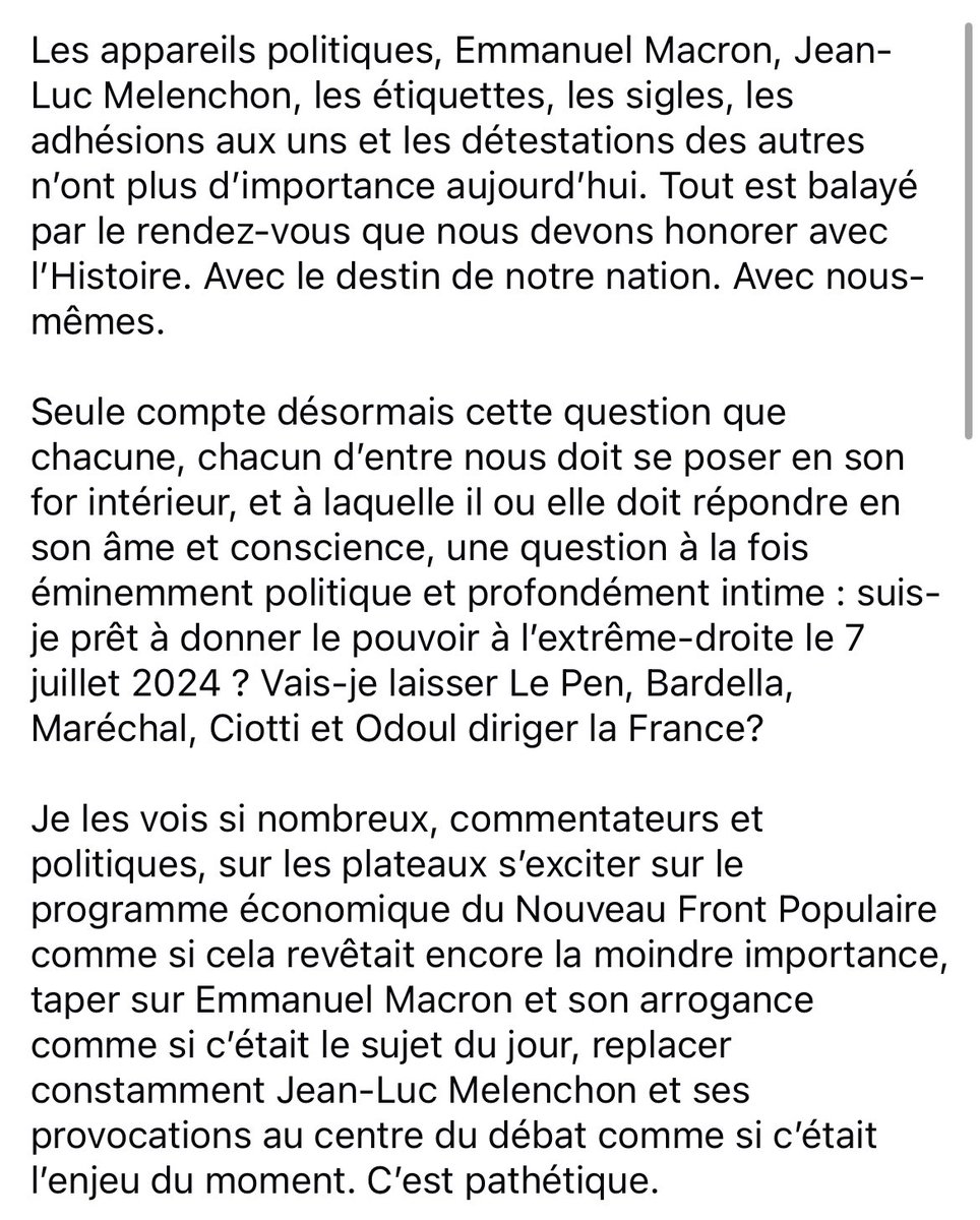 rglucks1's tweet photo. Ce n’est plus une élection législative opposant des projets de gouvernement de la France, c’est un référendum dont la question est simple: voulons-nous que l’extrême-droite prenne le pouvoir dans notre pays? https://t.co/T30AJAq9M1
